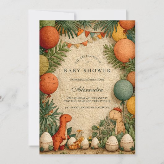 Invitation Tropical Dinosaur Theme Baby Shower (Devant)