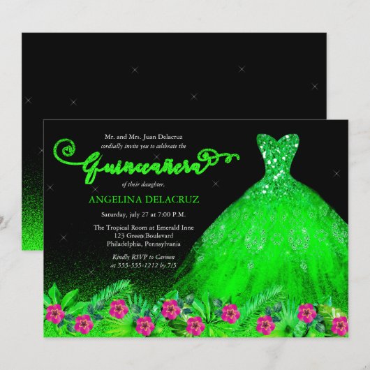 Invitation Tropical Emerald Green Gown espagnol Quinceañera (Devant / Derrière)