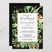 Invitation Tropical Feuille Black & Gold Frame Modern Mariage (Devant / Derrière)