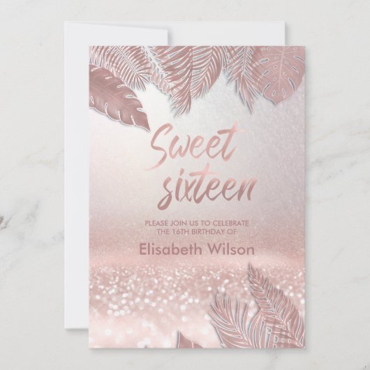 Invitation Tropical feuille chic Rose glittery or tendance (Devant)
