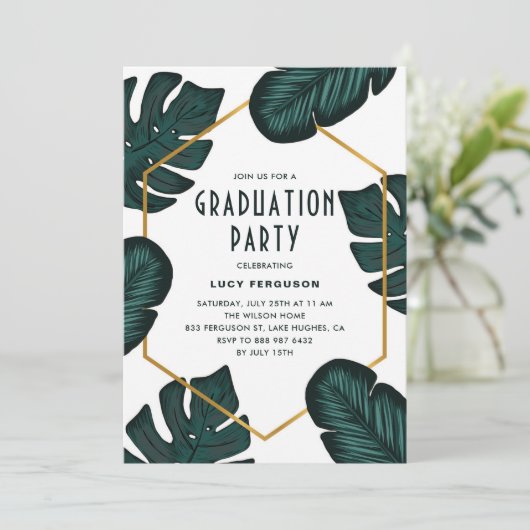 Invitation Tropical Feuille Frame Graduation Party (Debout devant)