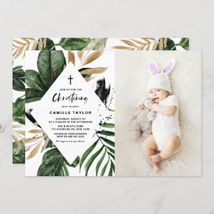 Invitation Tropical Feuille Gold Foil Frame Photo Christening