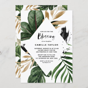 Invitation Tropical Feuilles Faux Gold Foil Frame Baby Blessi