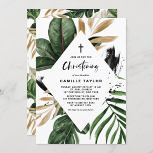 Invitation Tropical Feuilles Faux Gold Foil Frame Christening