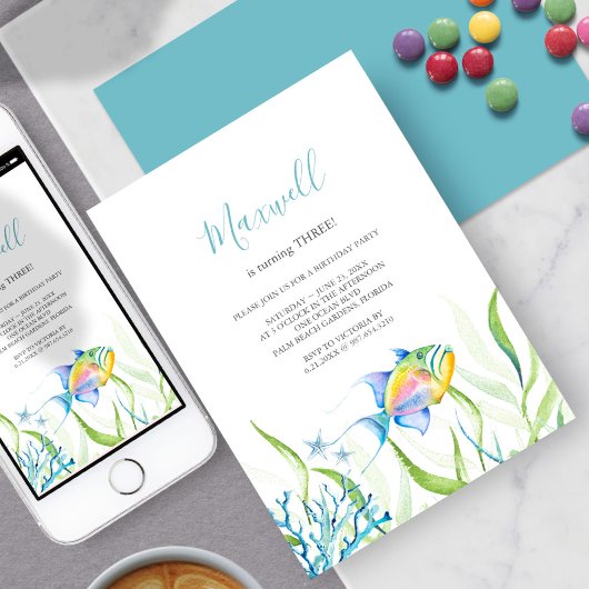 Invitation Tropical Fish 3ème anniversaire de fête aquarelle