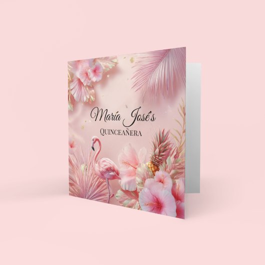 Invitation Tropical Flamant Rose Quinceañera, sur mesure