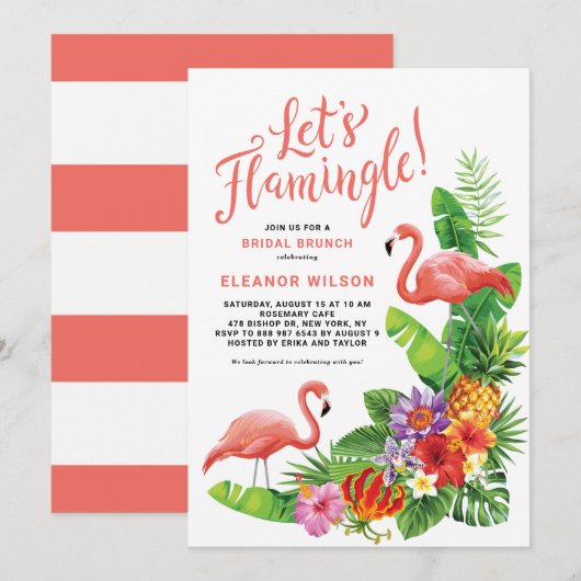Invitation Tropical Flamingle Floral Bridal Brunch (Devant / Derrière)