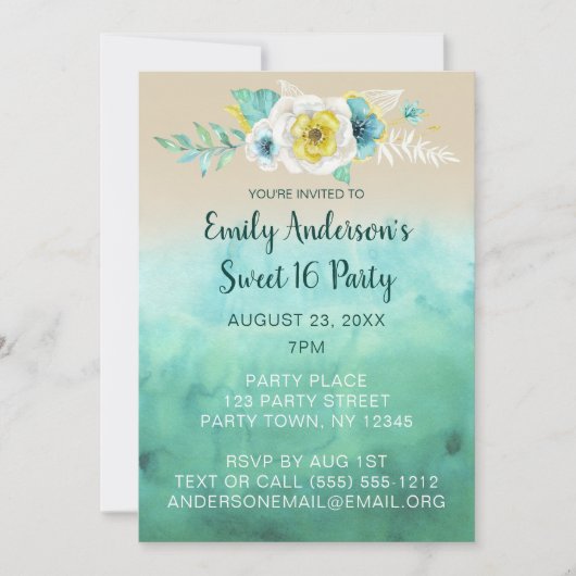 Invitation Tropical Floral Beach Thème Sweet 16 Anniversaire (Devant)