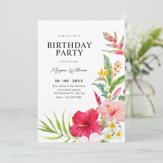 Invitation Tropical floral birthday (Debout devant)