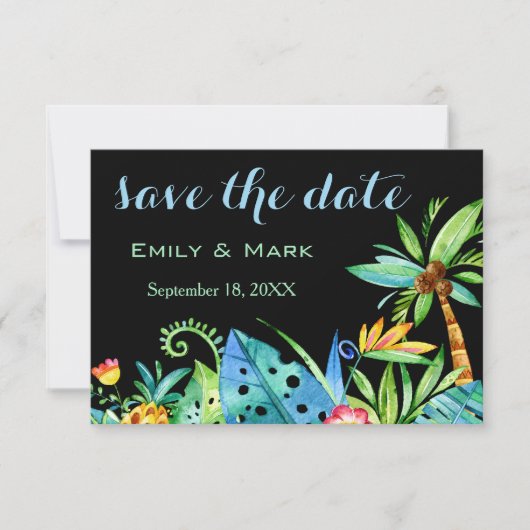 Invitation Tropical Floral Black Enregistrer La Date (Devant)