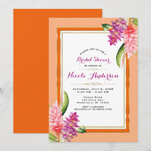 Invitation Tropical Floral Corail Orange et Or Mariage