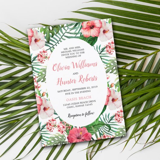 Invitation Tropical Floral Green Palm rose Hibiscus Mariage