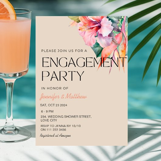 Invitation Tropical Floral Hibiscus Hawaiian Engagement Party