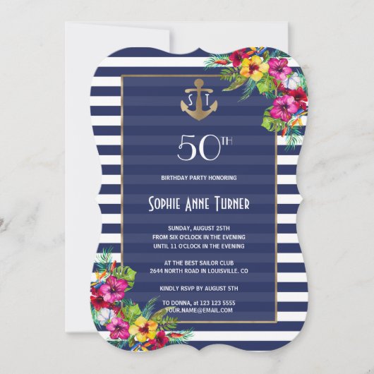 Invitation Tropical Floral Luau Navy rayures Anniversaire (Devant)