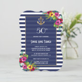 Invitation Tropical Floral Luau Navy rayures Anniversaire (Debout devant)