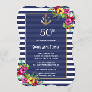 Invitation Tropical Floral Luau Navy rayures Anniversaire
