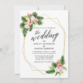 Invitation Tropical Floral Mariage Calligraphie Gold Frame (Devant)