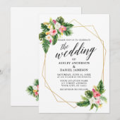 Invitation Tropical Floral Mariage Calligraphie Gold Geo Fram (Devant / Derrière)