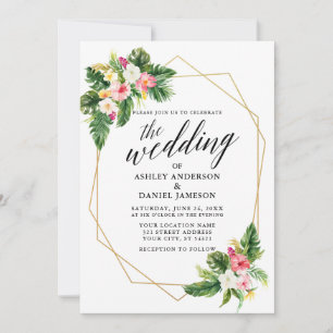 Invitation Tropical Floral Mariage Calligraphie Gold Geo Fram