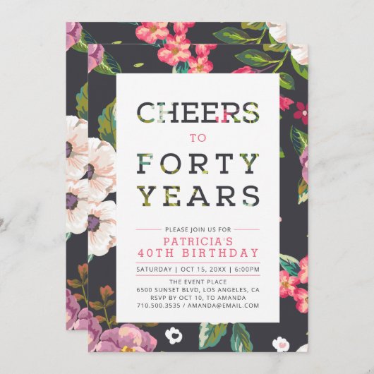 Invitation Tropical Floral Pattern 40e fête d'anniversaire (Devant / Derrière)