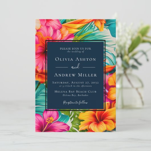 Invitation Tropical Floral QR Code Destination Beach Mariage (Debout devant)