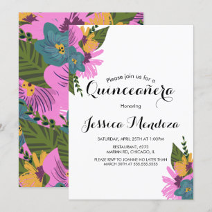 Invitation Tropical Floral Quinceañera Douze Ans Dessinés à l