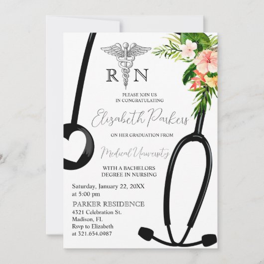 Invitation Tropical Floral RN Nursing School Graduation Party (Devant)