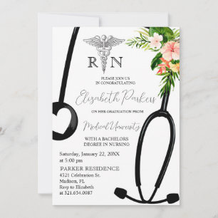 Invitation Tropical Floral RN Nursing School Graduation Party
