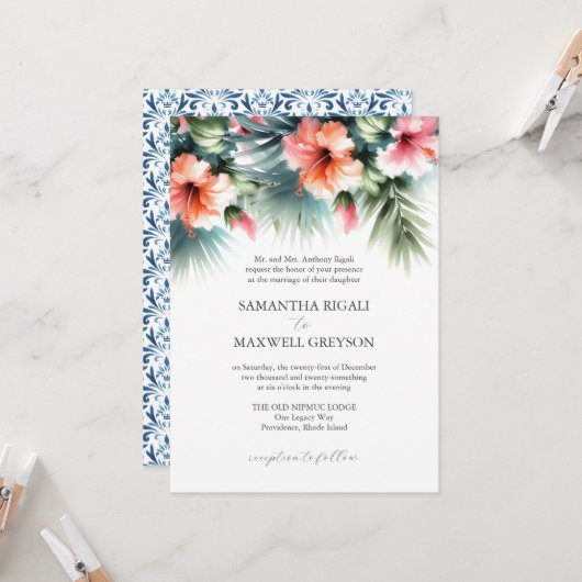 Invitation Tropical Floral rose et orange Mariage officiel (Devant/Arrière en situation)