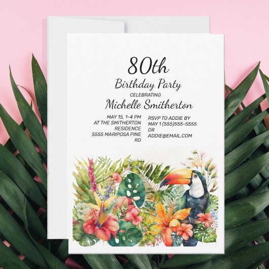 Invitation Tropical Floral Toucan 80e anniversaire