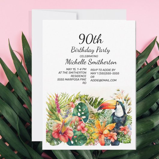 Invitation Tropical Floral Toucan 90e anniversaire