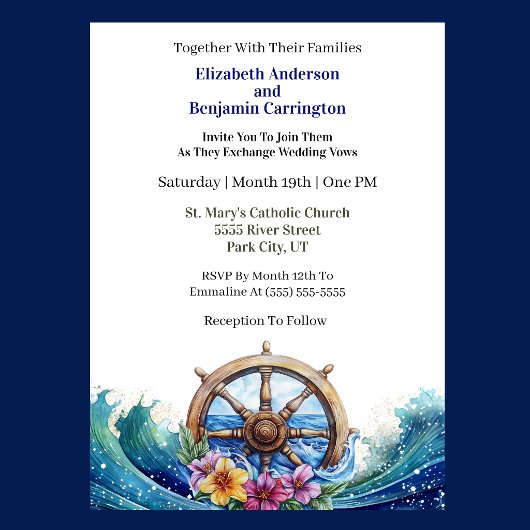 Invitation Tropical Flower Sailing Wheel Nautical Wedding