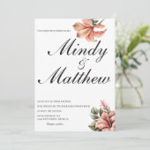 Invitation Tropical Flowers Black and White Script Wedding (Debout devant)