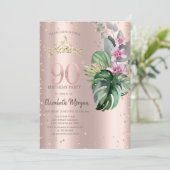 Invitation Tropical Flowers Diamonds Rose Gold 90e anniversai (Debout devant)