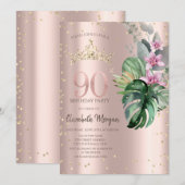 Invitation Tropical Flowers Diamonds Rose Gold 90e anniversai (Devant / Derrière)