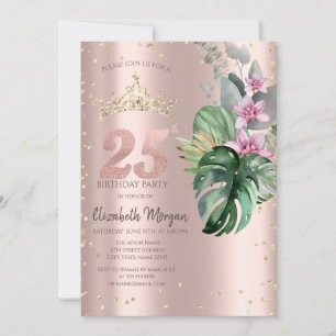 Invitation Tropical Flowers Diamonds Rose Or 25e anniversaire