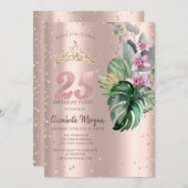 Invitation Tropical Flowers Diamonds Rose Or 25e anniversaire (Devant / Derrière)