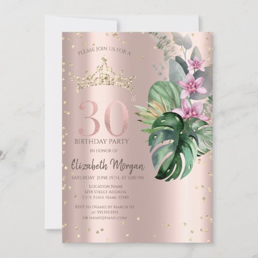Invitation Tropical Flowers Diamonds Rose Or 30e anniversaire (Devant)