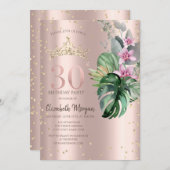 Invitation Tropical Flowers Diamonds Rose Or 30e anniversaire (Devant / Derrière)