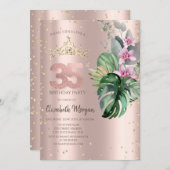 Invitation Tropical Flowers Diamonds Rose Or 35e anniversaire (Devant / Derrière)