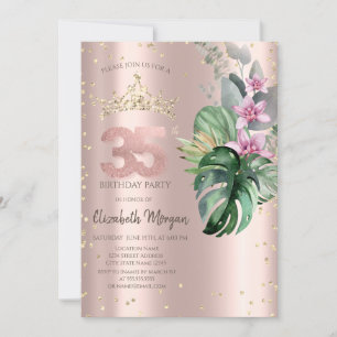Invitation Tropical Flowers Diamonds Rose Or 35e anniversaire