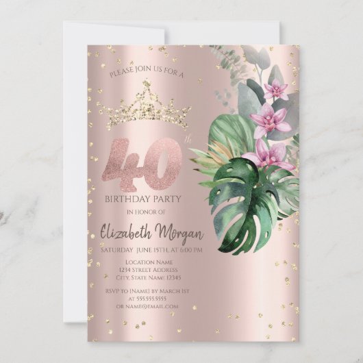 Invitation Tropical Flowers Diamonds Rose Or 40e anniversaire (Devant)