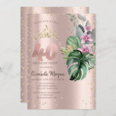 Invitation Tropical Flowers Diamonds Rose Or 40e anniversaire (Devant / Derrière)