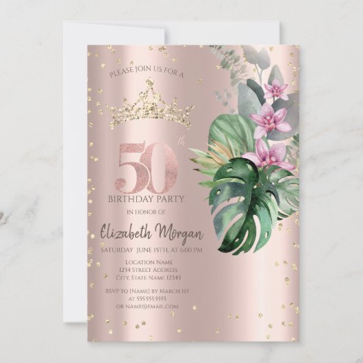 Invitation Tropical Flowers Diamonds Rose Or 50e anniversaire (Devant)
