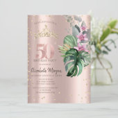 Invitation Tropical Flowers Diamonds Rose Or 50e anniversaire (Debout devant)
