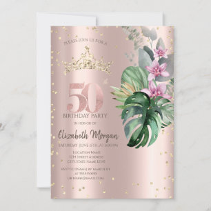 Invitation Tropical Flowers Diamonds Rose Or 50e anniversaire