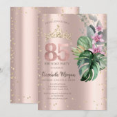 Invitation Tropical Flowers Diamonds Rose Or 85e anniversaire (Devant / Derrière)