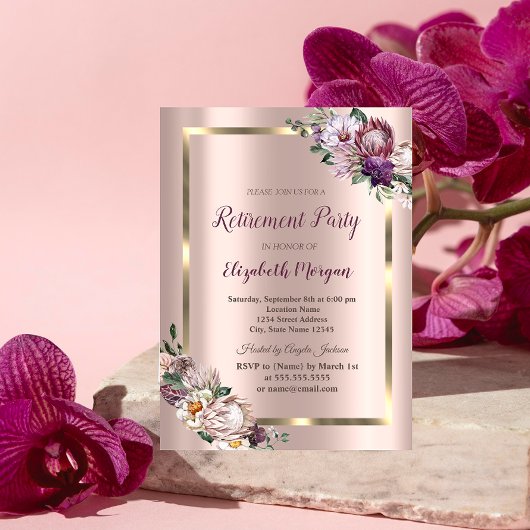 Invitation Tropical Flowers Gold Frame, Rose Gold Retirement