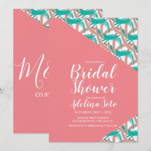 Invitation Tropical Géo Palmier Corail Plumes Mariage Douce