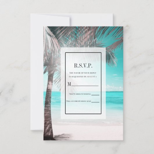 Invitation Tropical Glam rose Aqua Blue Beach Palm RSVP répon (Devant)